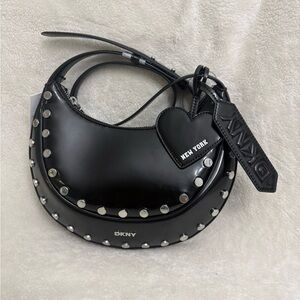 DKNY Black Studded Crescent Shoulder Bag with Heart Tag